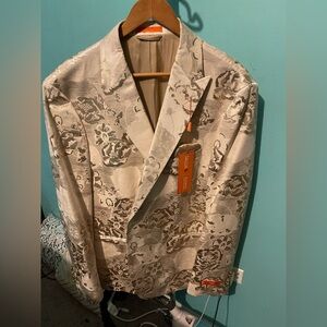 TALLIA Floral Jacquard Blazer in Cream and Silver
